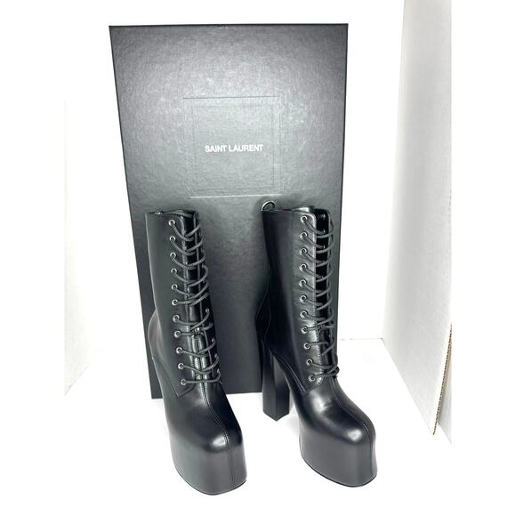Saint Laurent Black Cherry Leather Platform Ankle Boots lace-up Designer EU 36.5 - Picture 3 of 14